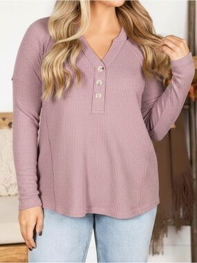 Andree Raised Ribbed Button V-Neck Knit Top